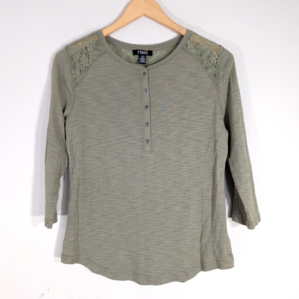 Chaps Green Henley Top; Lace Back 3/4 Sleeve Cotton Slub Knit